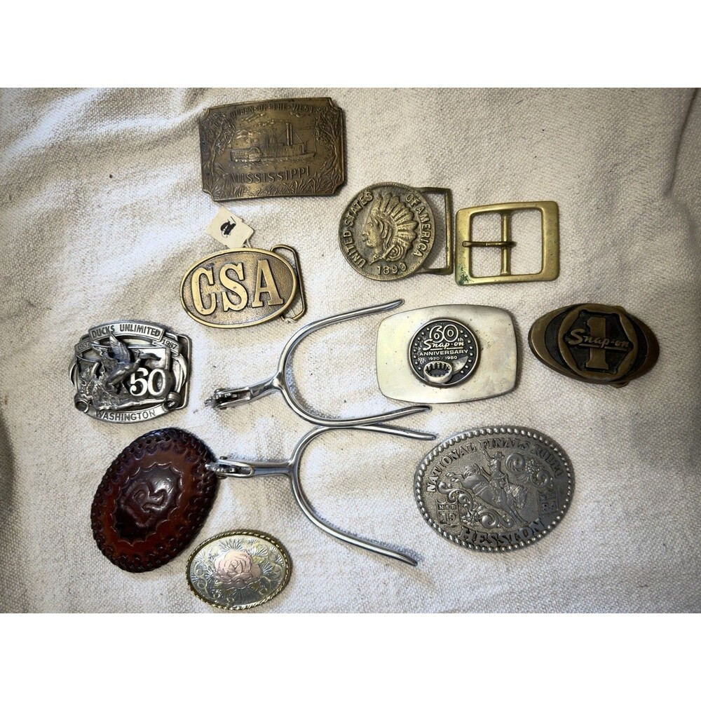 Lot Of 10 Assorted Western & Other Belt Buckles Plus Spurs